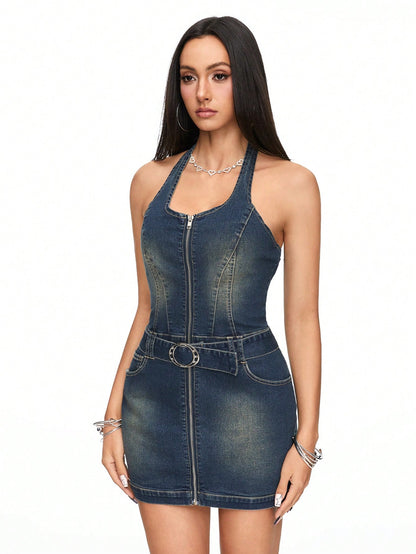 ROMWE J-Fashion Vestido vaquero sin mangas con cuello de halter con cremallera y cinturón, para la escuela