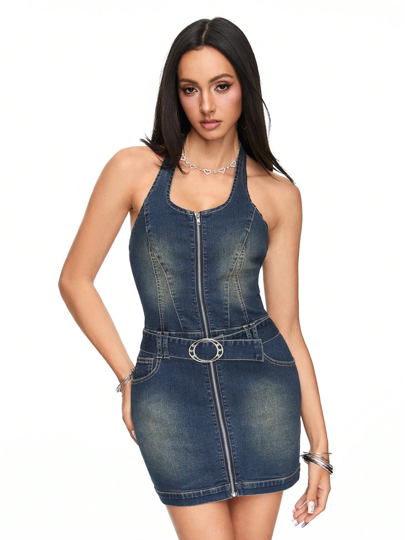 ROMWE J-Fashion Vestido vaquero sin mangas con cuello de halter con cremallera y cinturón, para la escuela