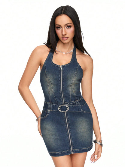ROMWE J-Fashion Vestido vaquero sin mangas con cuello de halter con cremallera y cinturón, para la escuela