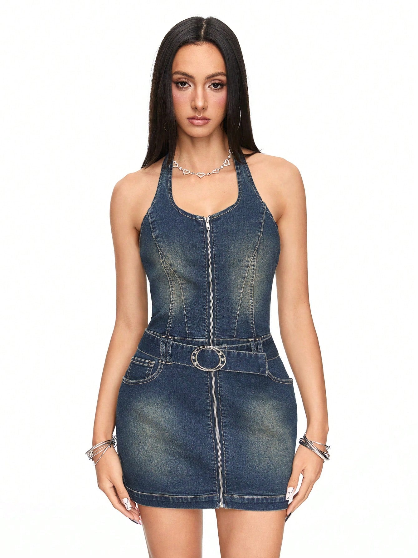 ROMWE J-Fashion Vestido vaquero sin mangas con cuello de halter con cremallera y cinturón, para la escuela