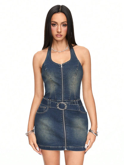 ROMWE J-Fashion Vestido vaquero sin mangas con cuello de halter con cremallera y cinturón, para la escuela