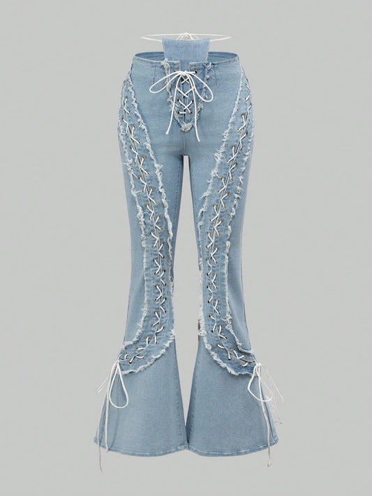 ROMWE Jeans de mezclilla vintage y retro de cintura baja con cordones