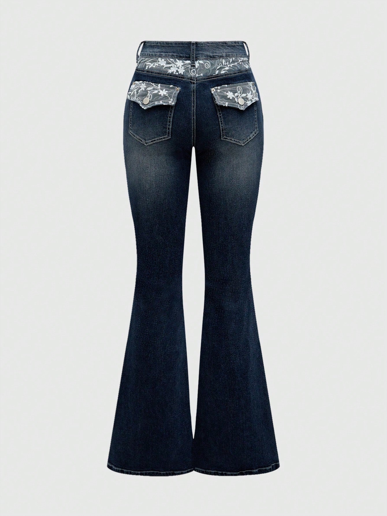 ROMWE Jeans entallados y acampanados con bolsillos y encaje contrastante en estilo dulce y sexy Y2K para mujer