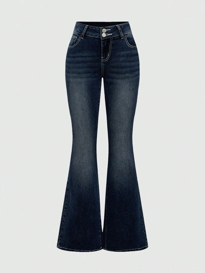 ROMWE Jeans entallados y acampanados con bolsillos y encaje contrastante en estilo dulce y sexy Y2K para mujer