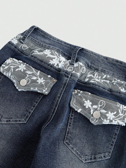 ROMWE Jeans entallados y acampanados con bolsillos y encaje contrastante en estilo dulce y sexy Y2K para mujer