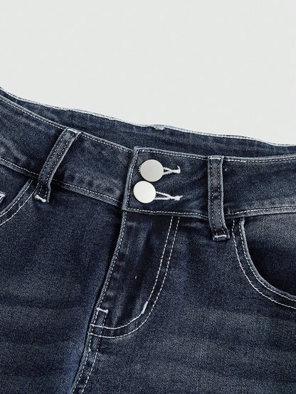 ROMWE Jeans entallados y acampanados con bolsillos y encaje contrastante en estilo dulce y sexy Y2K para mujer