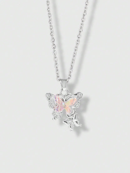 ROMWE Kawaii 1 Pieza Dulce Y Fresco Estilo De Pareja Cuento De Hadas Temático Del Bosque Con Múltiples Colores De Decoración De Pedrería Y Colgante De Mariposa