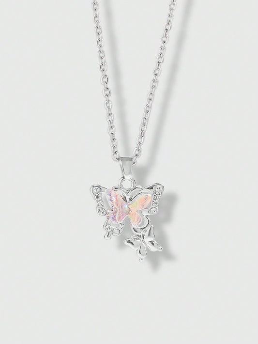 ROMWE Kawaii 1 Pieza Dulce Y Fresco Estilo De Pareja Cuento De Hadas Temático Del Bosque Con Múltiples Colores De Decoración De Pedrería Y Colgante De Mariposa