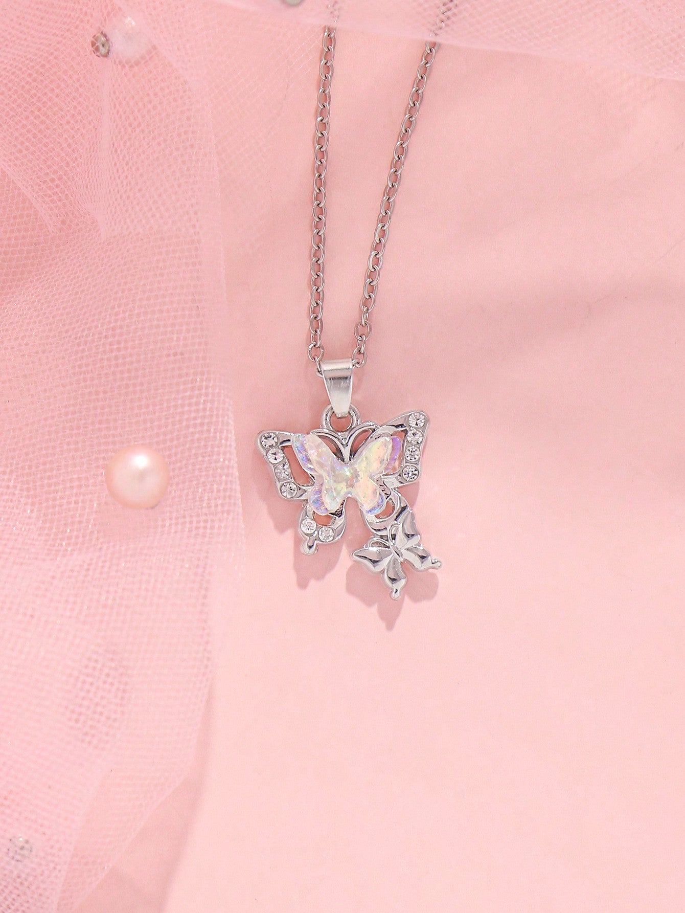 ROMWE Kawaii 1 Pieza Dulce Y Fresco Estilo De Pareja Cuento De Hadas Temático Del Bosque Con Múltiples Colores De Decoración De Pedrería Y Colgante De Mariposa