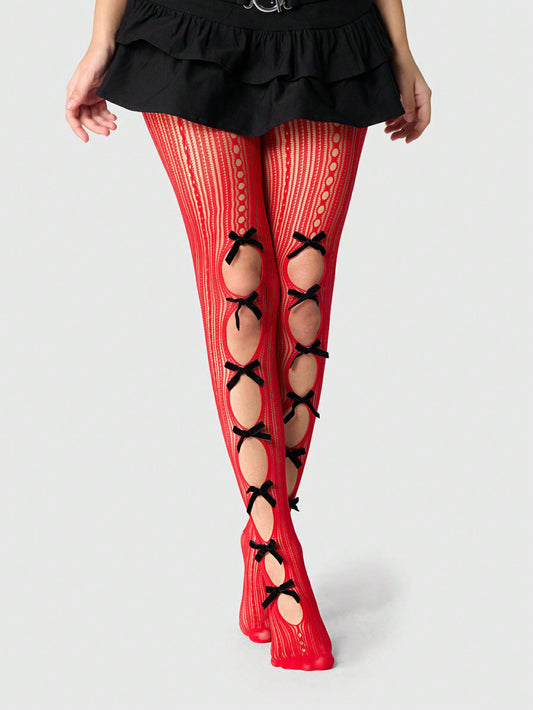 ROMWE Kawaii 1 par de calcetines de red de doble cara rojos para mujeres con 14 lazos negros, apropiados para todas las estaciones