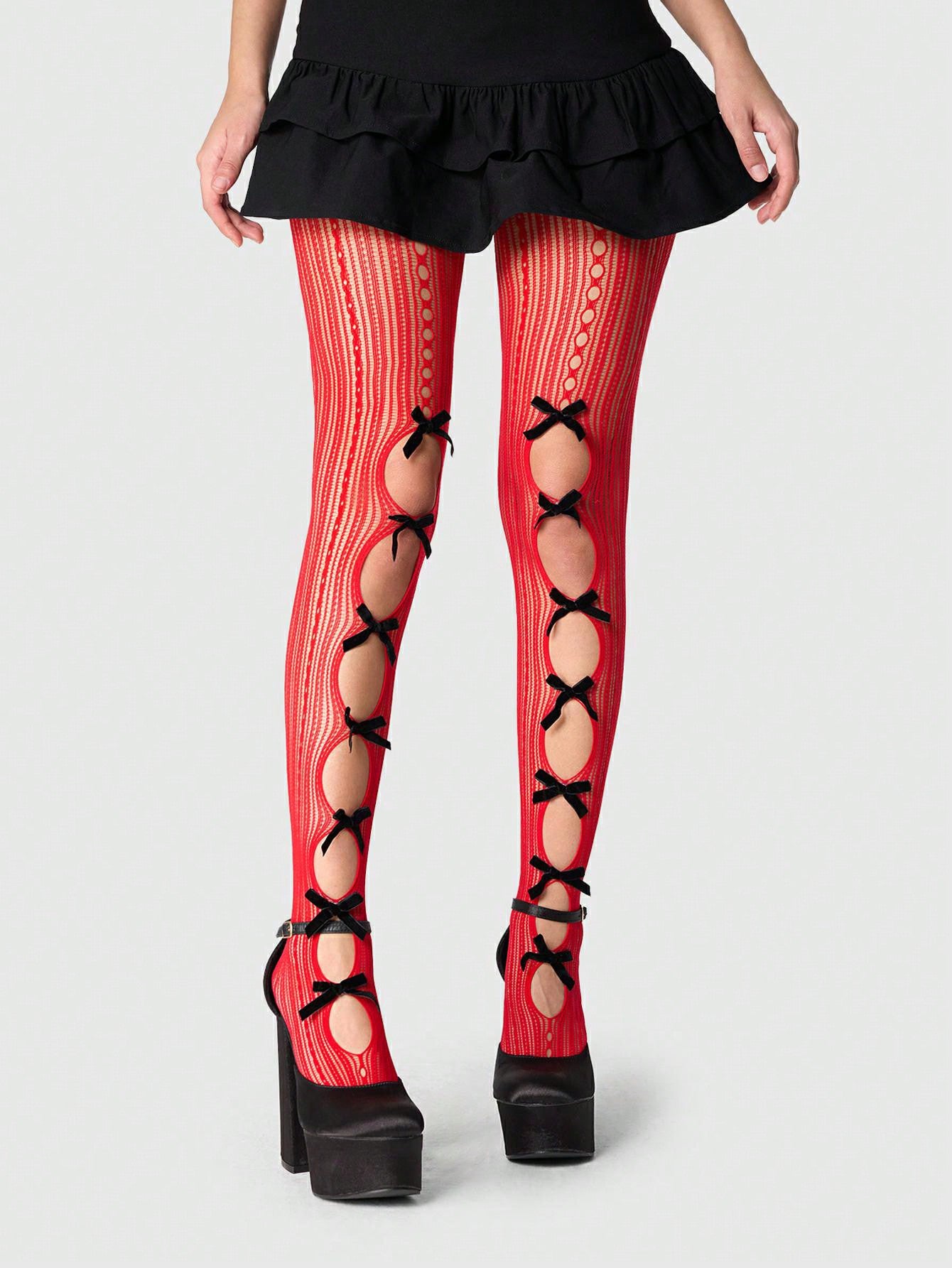 ROMWE Kawaii 1 par de calcetines de red de doble cara rojos para mujeres con 14 lazos negros, apropiados para todas las estaciones