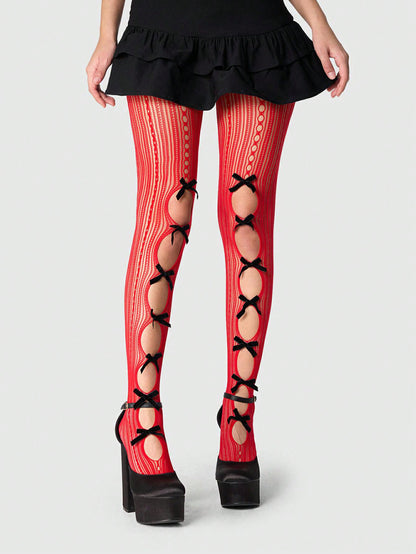 ROMWE Kawaii 1 par de calcetines de red de doble cara rojos para mujeres con 14 lazos negros, apropiados para todas las estaciones