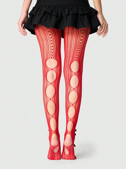 ROMWE Kawaii 1 par de calcetines de red de doble cara rojos para mujeres con 14 lazos negros, apropiados para todas las estaciones