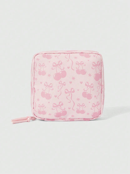 ROMWE Kawaii 1 pieza Bolso cosmético de gran capacidad con lazo de dibujos animados de cereza, acolchado y grueso, de moda y portátil