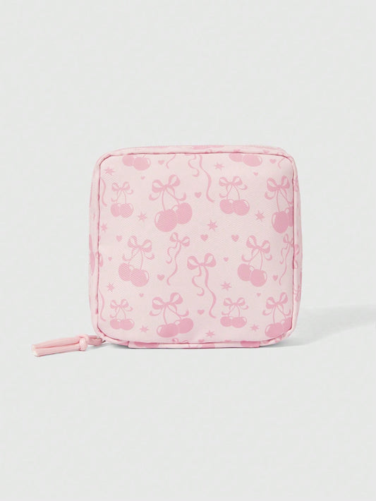 ROMWE Kawaii 1 pieza Bolso cosmético de gran capacidad con lazo de dibujos animados de cereza, acolchado y grueso, de moda y portátil