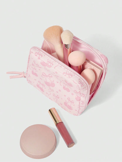 ROMWE Kawaii 1 pieza Bolso cosmético de gran capacidad con lazo de dibujos animados de cereza, acolchado y grueso, de moda y portátil