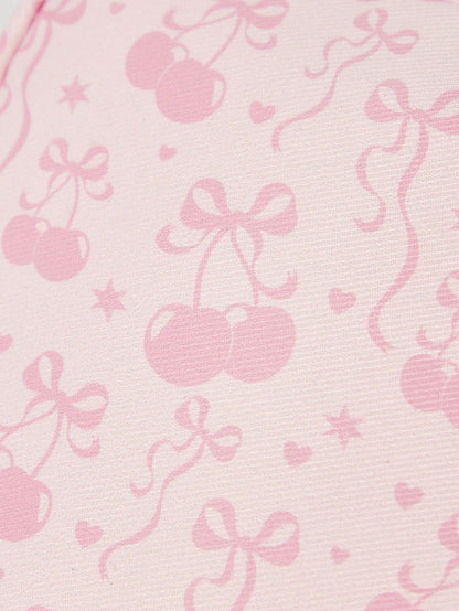 ROMWE Kawaii 1 pieza Bolso cosmético de gran capacidad con lazo de dibujos animados de cereza, acolchado y grueso, de moda y portátil