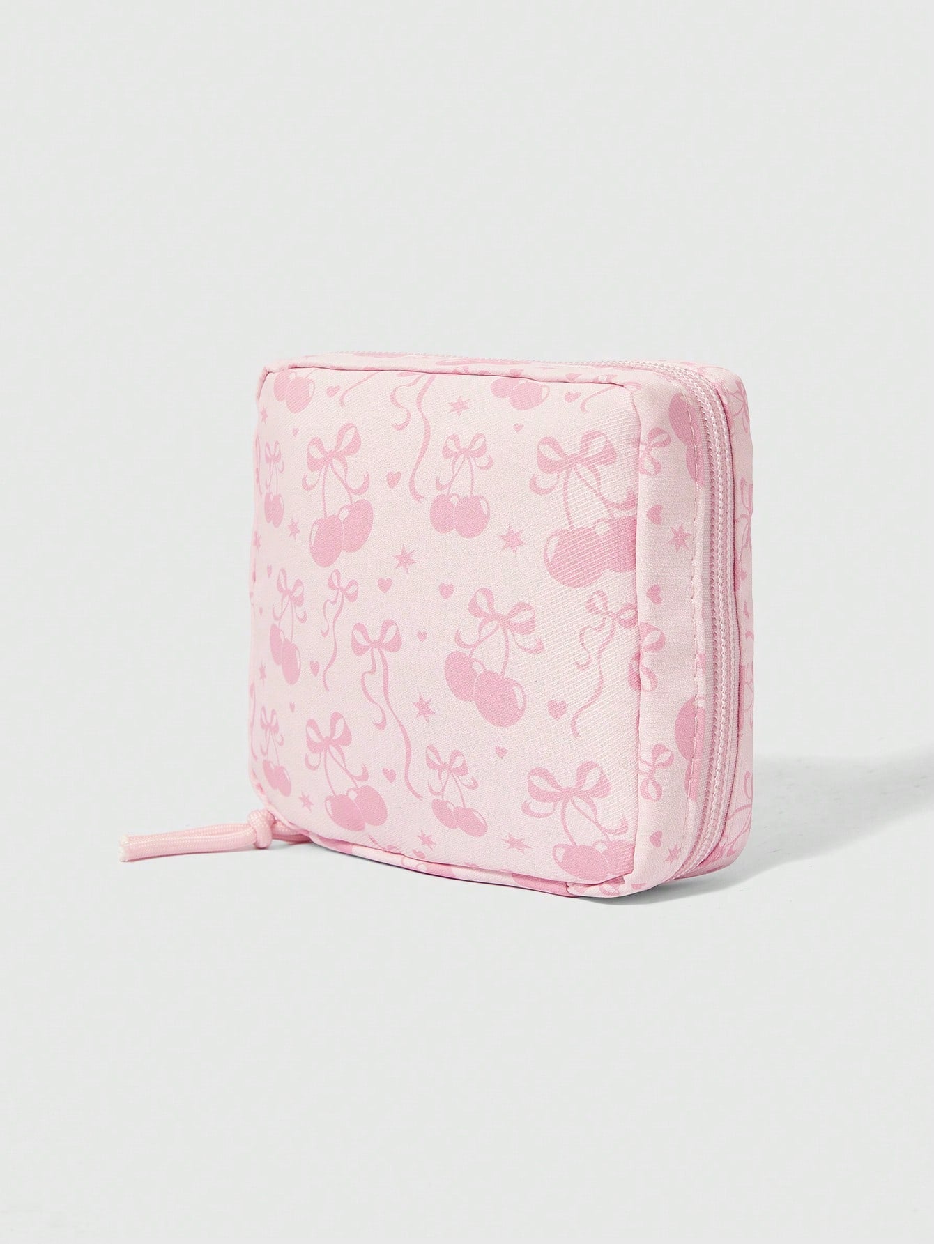 ROMWE Kawaii 1 pieza Bolso cosmético de gran capacidad con lazo de dibujos animados de cereza, acolchado y grueso, de moda y portátil