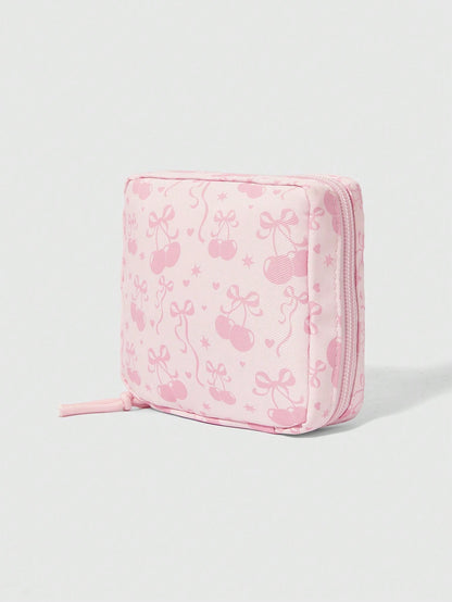 ROMWE Kawaii 1 pieza Bolso cosmético de gran capacidad con lazo de dibujos animados de cereza, acolchado y grueso, de moda y portátil