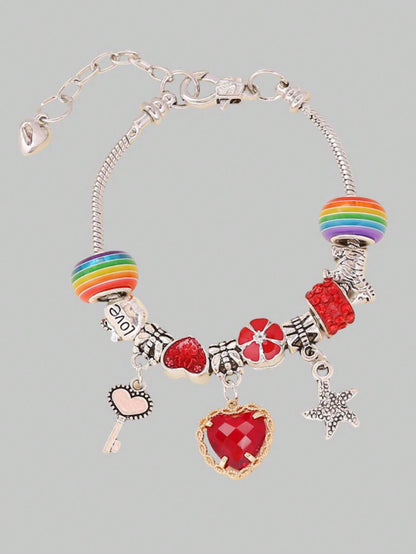 ROMWE Kawaii 1 pieza Brazalete de mujer con cadena de cuentas de cristal en forma de corazón rojo creativo