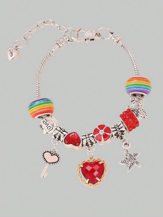 ROMWE Kawaii 1 pieza Brazalete de mujer con cadena de cuentas de cristal en forma de corazón rojo creativo