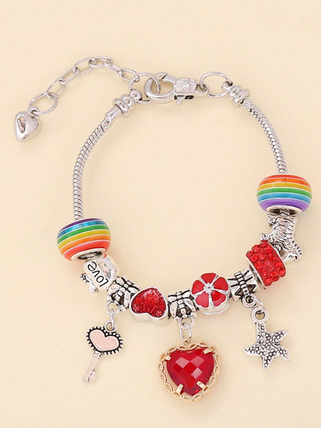 ROMWE Kawaii 1 pieza Brazalete de mujer con cadena de cuentas de cristal en forma de corazón rojo creativo