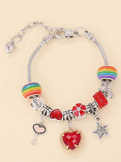 ROMWE Kawaii 1 pieza Brazalete de mujer con cadena de cuentas de cristal en forma de corazón rojo creativo