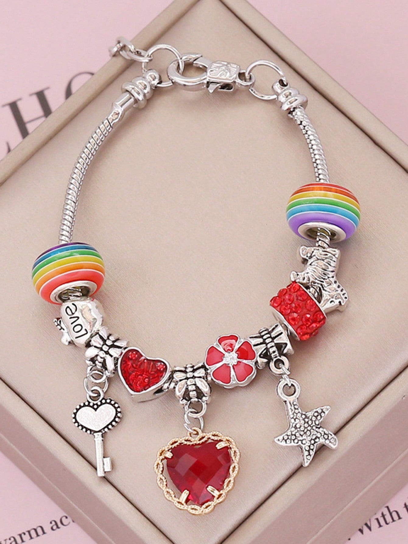 ROMWE Kawaii 1 pieza Brazalete de mujer con cadena de cuentas de cristal en forma de corazón rojo creativo