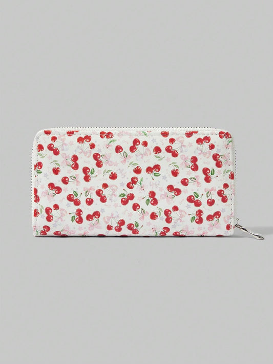 ROMWE Kawaii 1 pieza Cartera con cremallera simple con diseño lindo de cereza para mujer