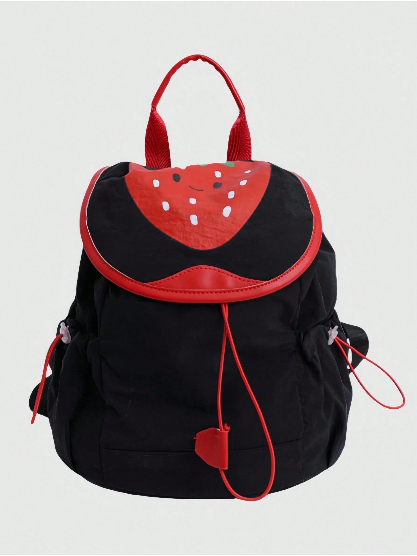 ROMWE Kawaii 1 pieza Mochila de moda con estampado de fresa kawaii y lindo en color negro, adecuada para uso diario, escuela, viajes, etc.