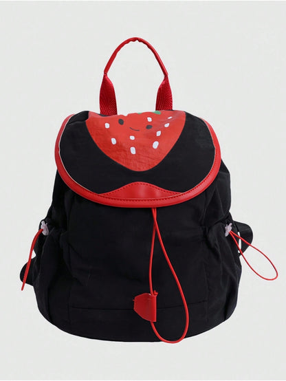 ROMWE Kawaii 1 pieza Mochila de moda con estampado de fresa kawaii y lindo en color negro, adecuada para uso diario, escuela, viajes, etc.
