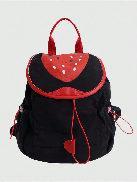 ROMWE Kawaii 1 pieza Mochila de moda con estampado de fresa kawaii y lindo en color negro, adecuada para uso diario, escuela, viajes, etc.