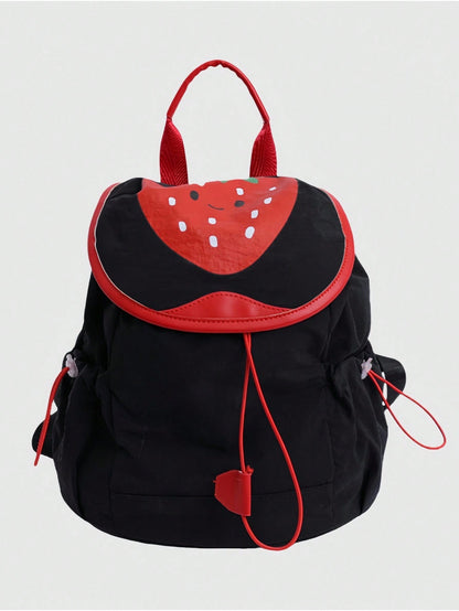 ROMWE Kawaii 1 pieza Mochila de moda con estampado de fresa kawaii y lindo en color negro, adecuada para uso diario, escuela, viajes, etc.