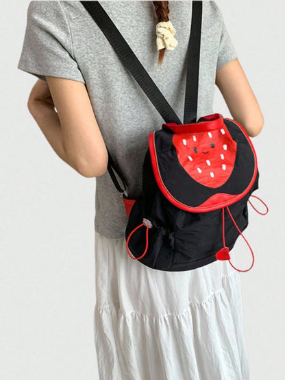 ROMWE Kawaii 1 pieza Mochila de moda con estampado de fresa kawaii y lindo en color negro, adecuada para uso diario, escuela, viajes, etc.