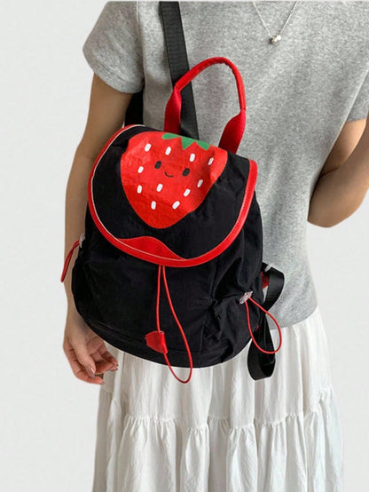 ROMWE Kawaii 1 pieza Mochila de moda con estampado de fresa kawaii y lindo en color negro, adecuada para uso diario, escuela, viajes, etc.