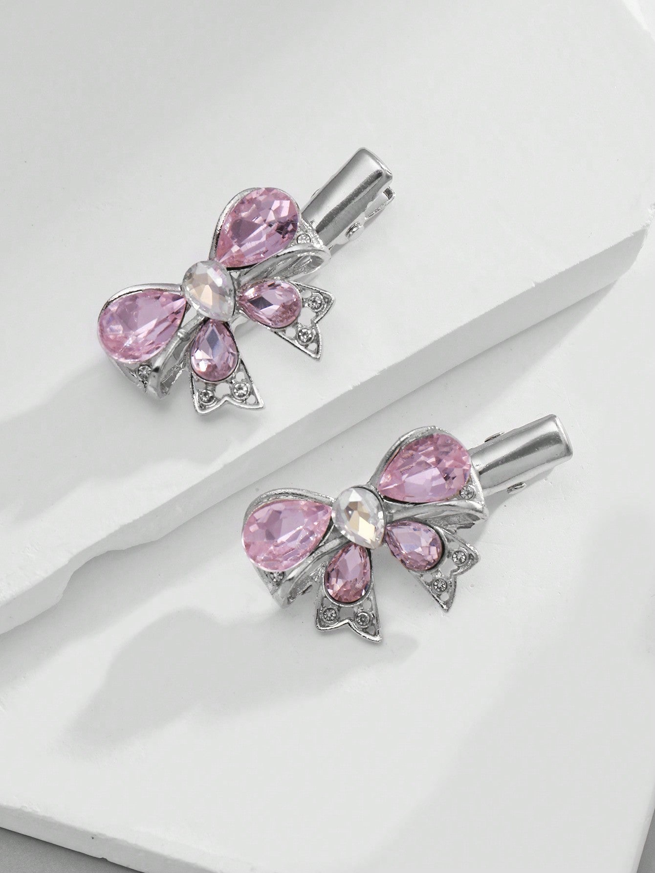 ROMWE Kawaii 2 piezas Nuevas llegadas rosadas conjunto de horquillas de clip lateral de estrella y mariposa con brillantina y diamantes de imitación, accesorios para el cabello combinados