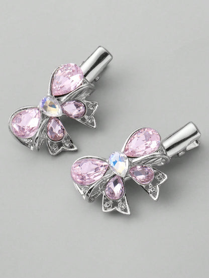 ROMWE Kawaii 2 piezas Nuevas llegadas rosadas conjunto de horquillas de clip lateral de estrella y mariposa con brillantina y diamantes de imitación, accesorios para el cabello combinados