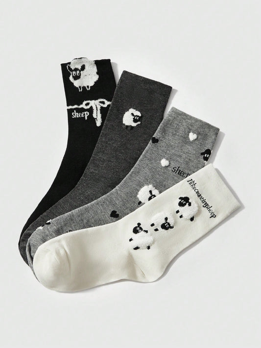 ROMWE Kawaii 4 pares de calcetines de moda con diseño de ovejas de dibujos animados para mujer, aptos para las 4 estaciones