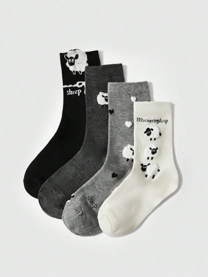 ROMWE Kawaii 4 pares de calcetines de moda con diseño de ovejas de dibujos animados para mujer, aptos para las 4 estaciones