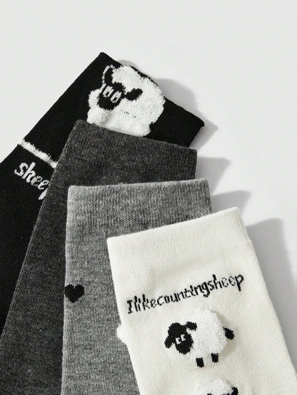 ROMWE Kawaii 4 pares de calcetines de moda con diseño de ovejas de dibujos animados para mujer, aptos para las 4 estaciones