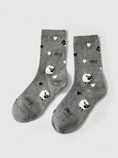 ROMWE Kawaii 4 pares de calcetines de moda con diseño de ovejas de dibujos animados para mujer, aptos para las 4 estaciones