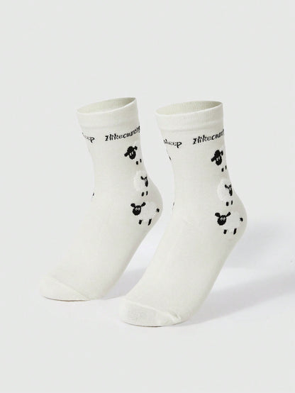 ROMWE Kawaii 4 pares de calcetines de moda con diseño de ovejas de dibujos animados para mujer, aptos para las 4 estaciones
