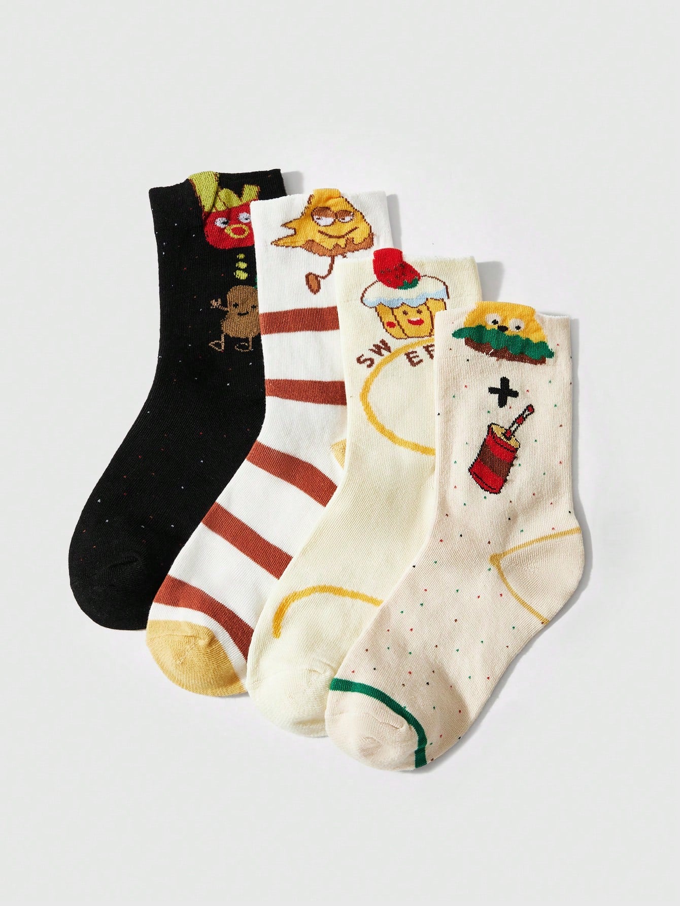 ROMWE Kawaii 4 pares de calcetines de mujer con estampado de patatas fritas y hamburguesa de moda, multicolor para todas las estaciones