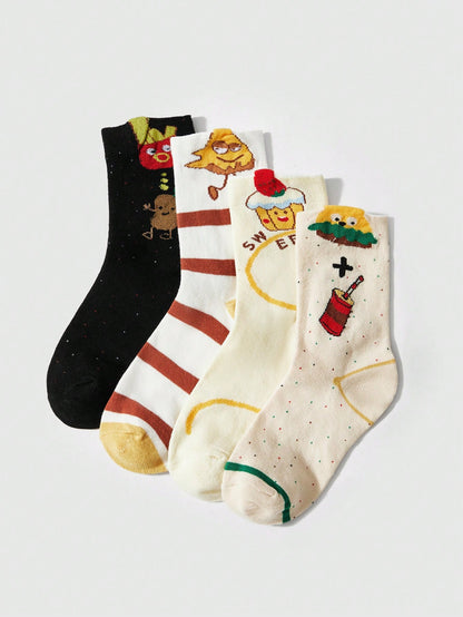 ROMWE Kawaii 4 pares de calcetines de mujer con estampado de patatas fritas y hamburguesa de moda, multicolor para todas las estaciones