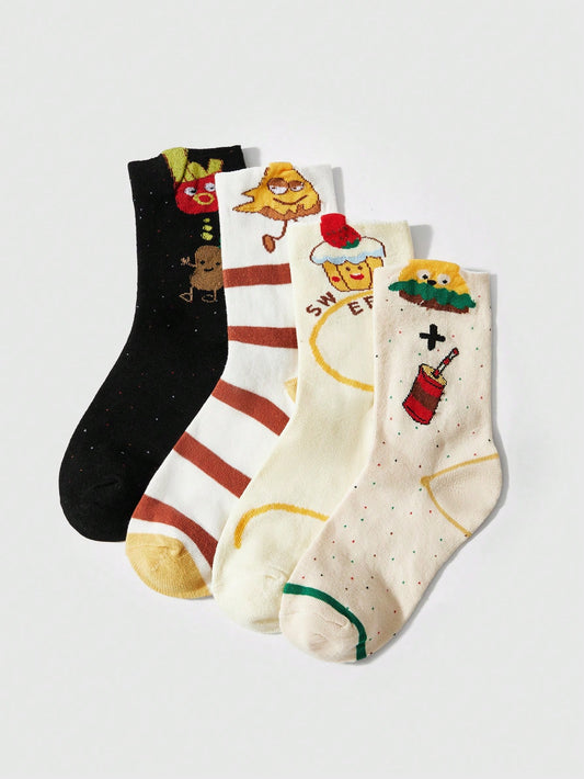 ROMWE Kawaii 4 pares de calcetines de mujer con estampado de patatas fritas y hamburguesa de moda, multicolor para todas las estaciones