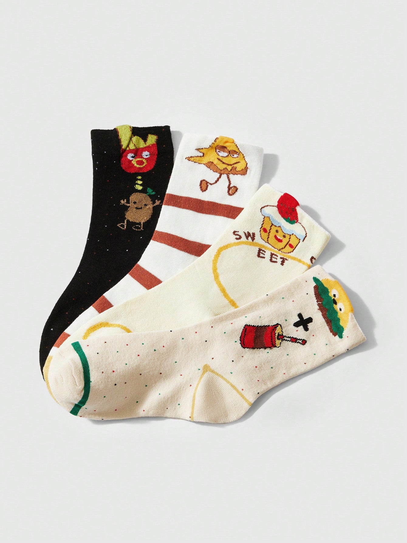 ROMWE Kawaii 4 pares de calcetines de mujer con estampado de patatas fritas y hamburguesa de moda, multicolor para todas las estaciones