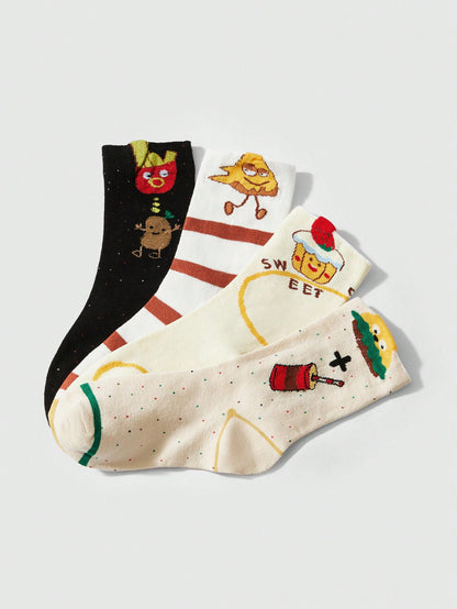 ROMWE Kawaii 4 pares de calcetines de mujer con estampado de patatas fritas y hamburguesa de moda, multicolor para todas las estaciones