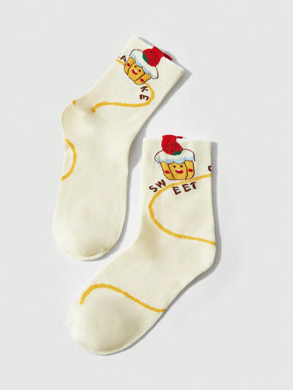 ROMWE Kawaii 4 pares de calcetines de mujer con estampado de patatas fritas y hamburguesa de moda, multicolor para todas las estaciones