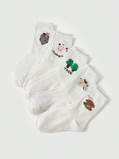 ROMWE Kawaii 5 pares de calcetines de moda con estampado de lunares y de dibujos animados de malla, de color beige, de uso versátil, para mujer