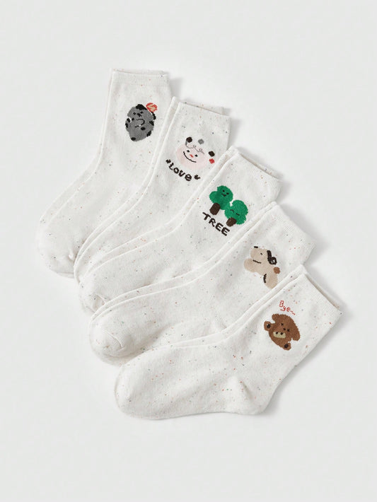 ROMWE Kawaii 5 pares de calcetines de moda con estampado de lunares y de dibujos animados de malla, de color beige, de uso versátil, para mujer